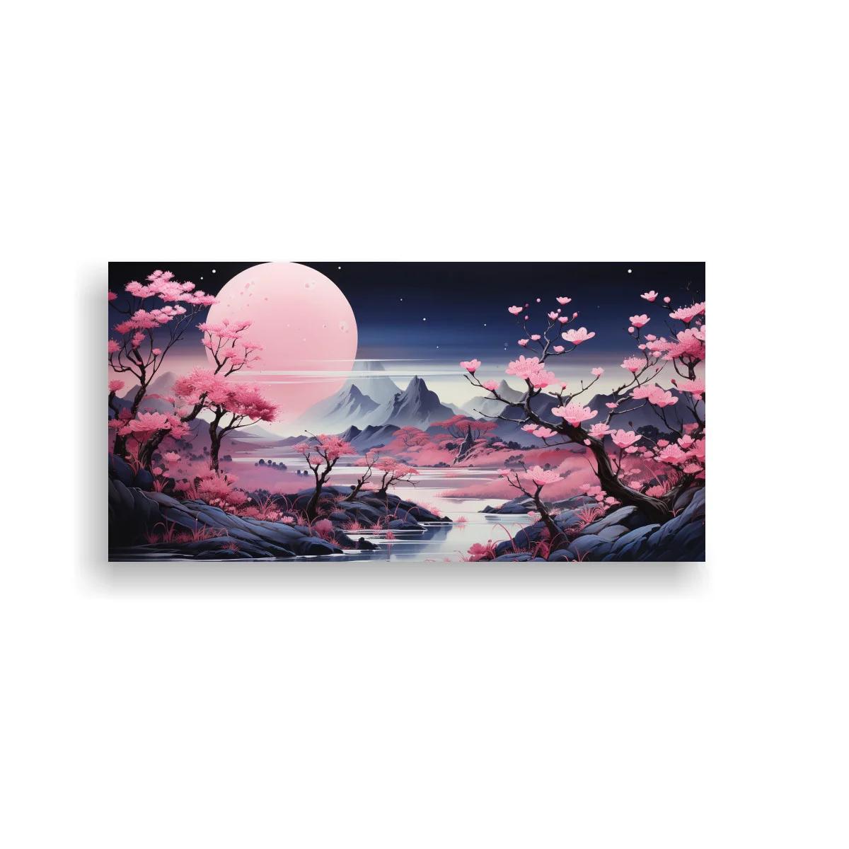 Cuadro paisaje con cerezos en flor y gran luna clara