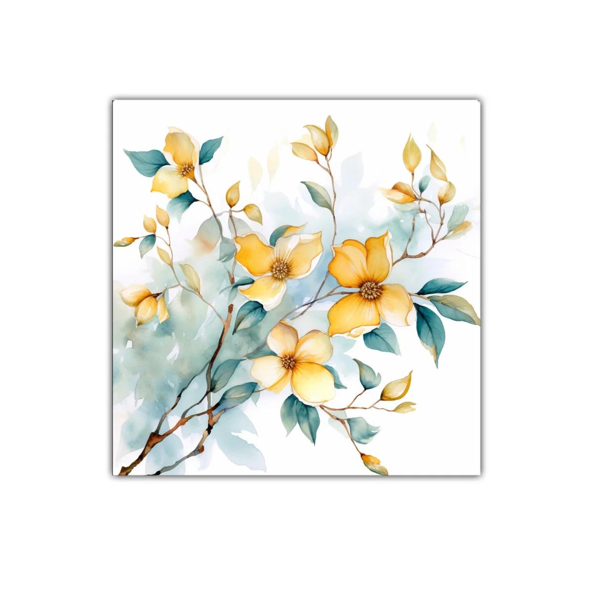 Cuadro decorativo con flores amarillas y hojas verdes pintadas — imagen principal