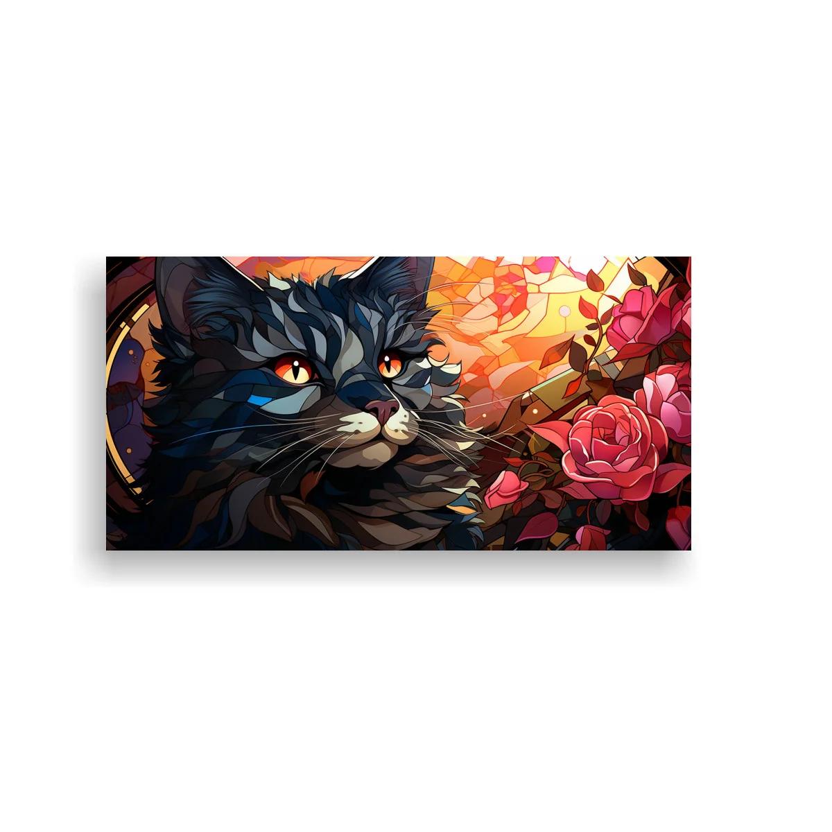Cuadro gato negro de pelo largo con rosas y luna creciente
