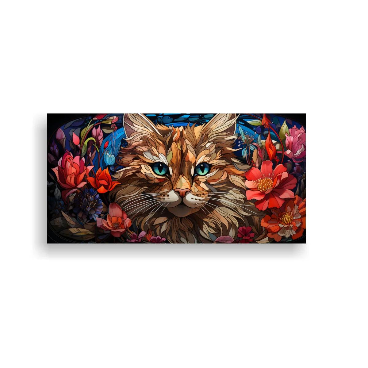 Cuadro gato atigrado de pelo largo con flores abiertas — imagen principal
