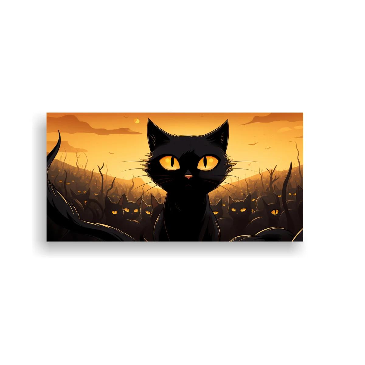 Cuadro gato negro de ojos amarillos entre ramas