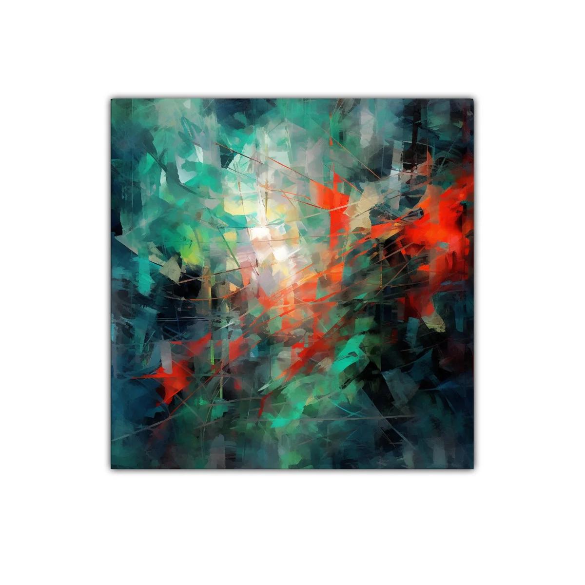 Cuadro abstracto con vibrantes toques en tonos verdes y rojos — miniatura 1