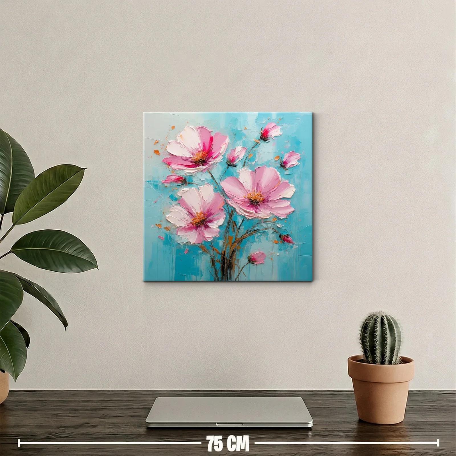 Cuadro flores rosas sobre fondo azul vibrante y texturizado — miniatura 2