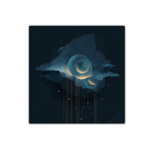 Arte celestial con lunas y estrellas doradas en cielo oscuro