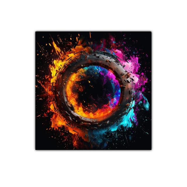 Explosión de fuego y color en círculo dinámico vibrante