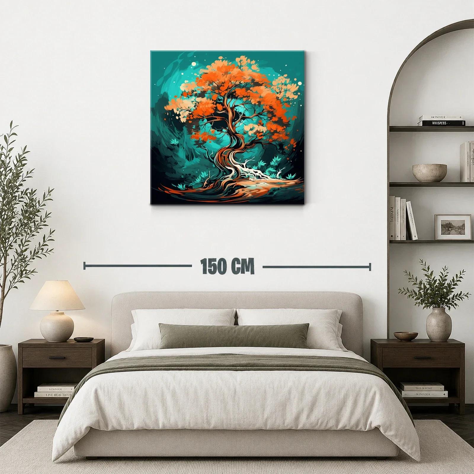 Árbol Abstracto con Hojas en Tonos Cálidos y Fondo Turquesa — miniatura 3