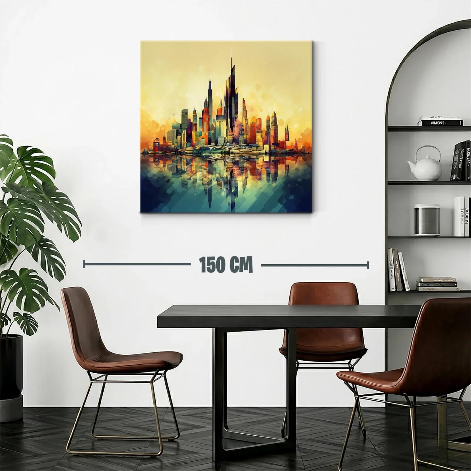 Vibrante ciudad futurista con reflejos al atardecer — miniatura 2