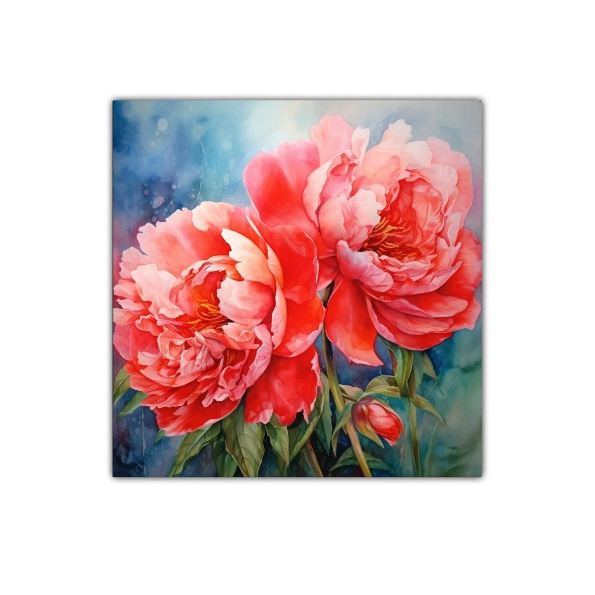 Cuadro floral con peonías vibrantes y fondo azul difuminado — imagen principal