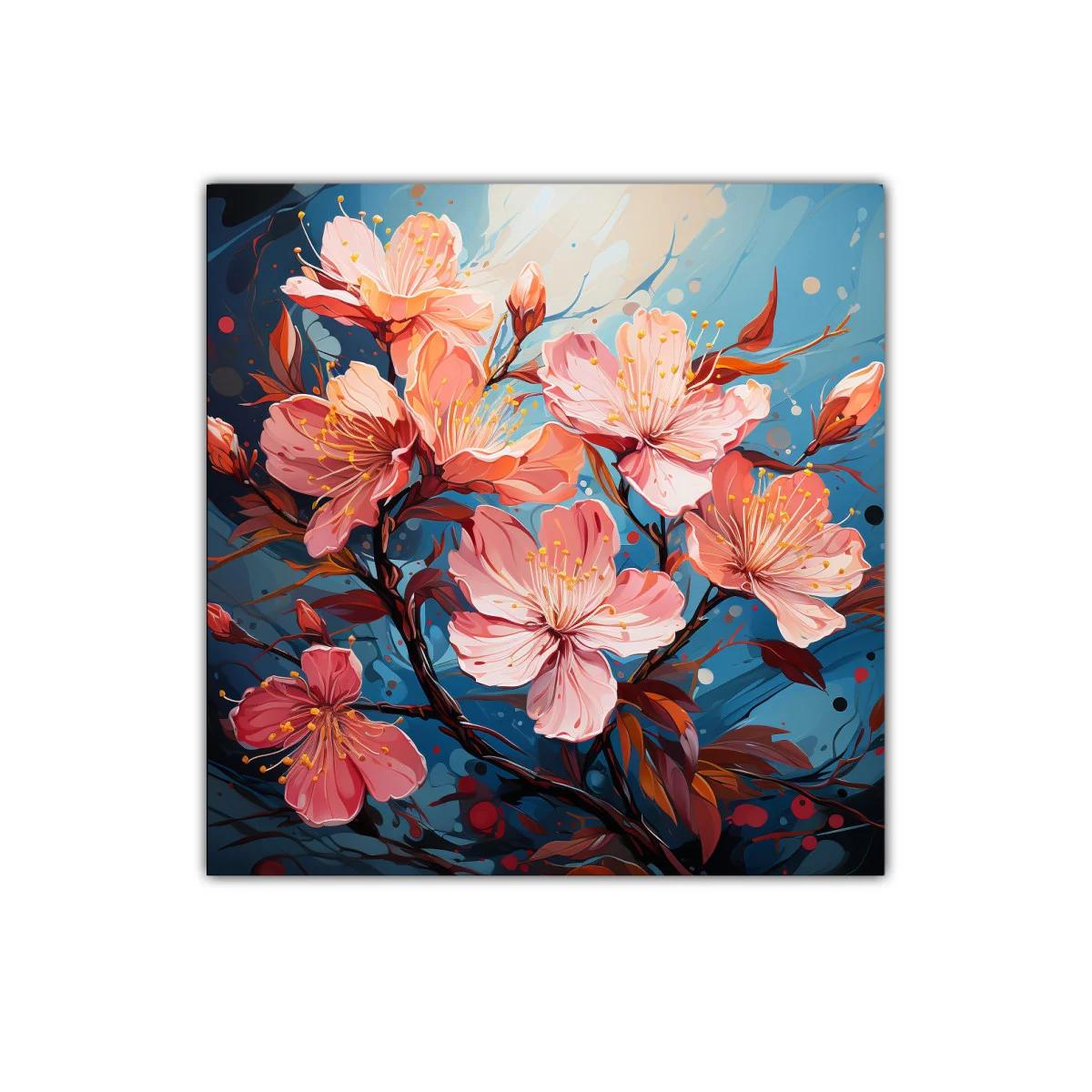 Cuadro floral con flores rosas sobre fondo azul vibrante — imagen principal