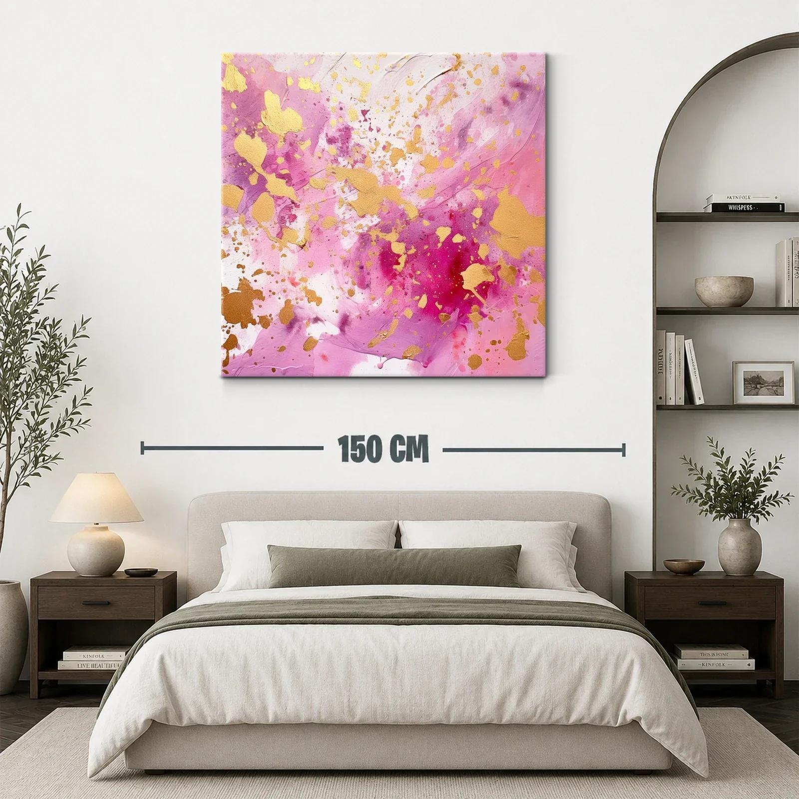 Cuadro abstracto con explosión de dorado y tonos rosas — miniatura 3