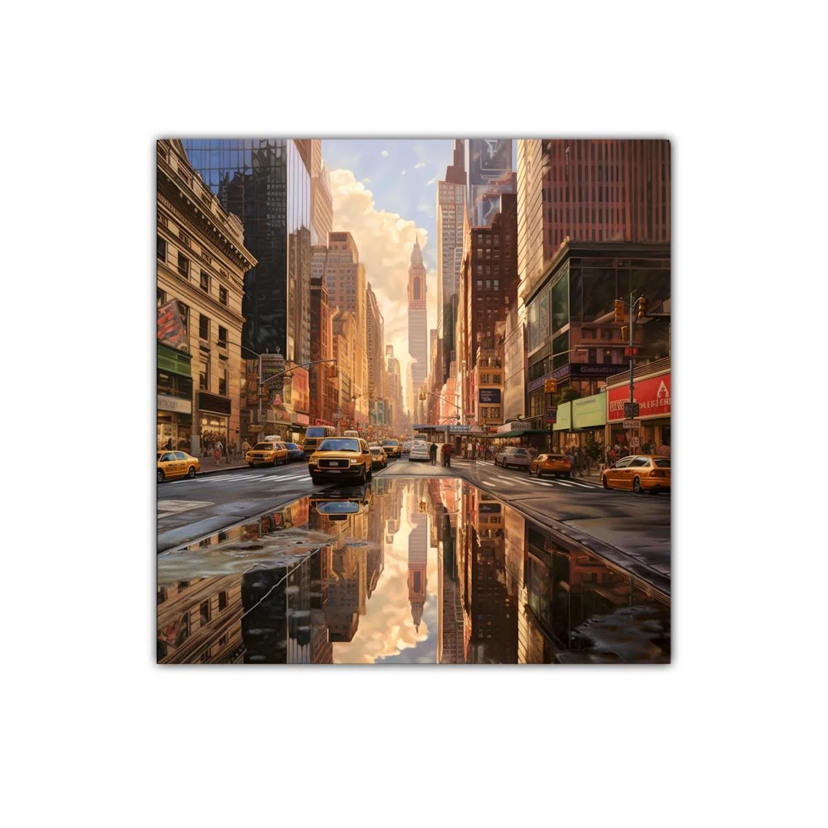Calle urbana vibrante al atardecer con reflejos dorados — miniatura 1