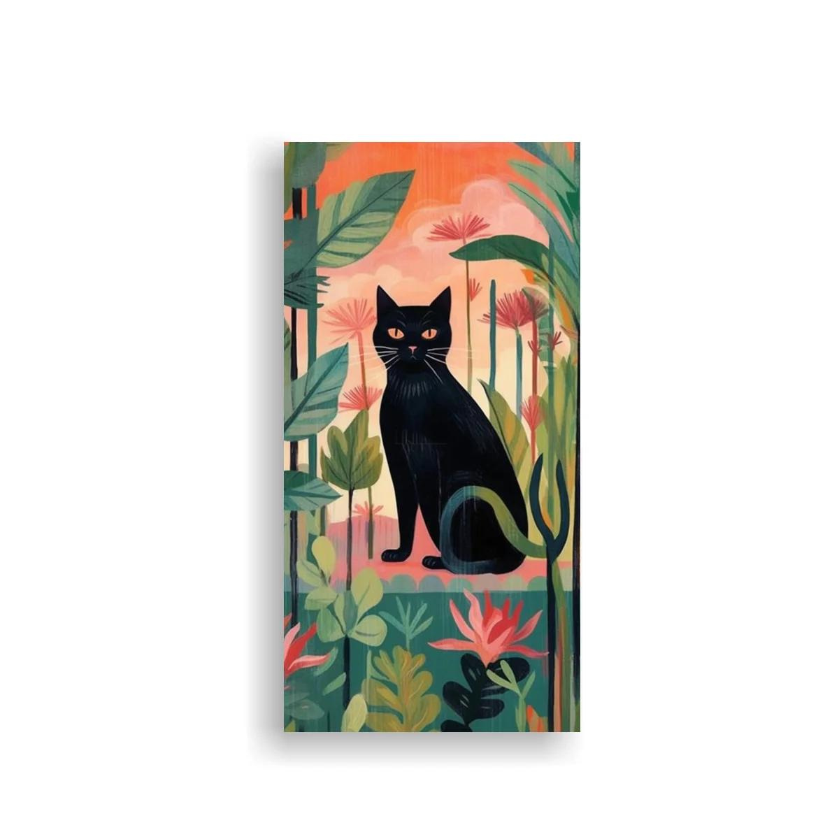 Cuadro gato negro entre hojas grandes y flores rosadas