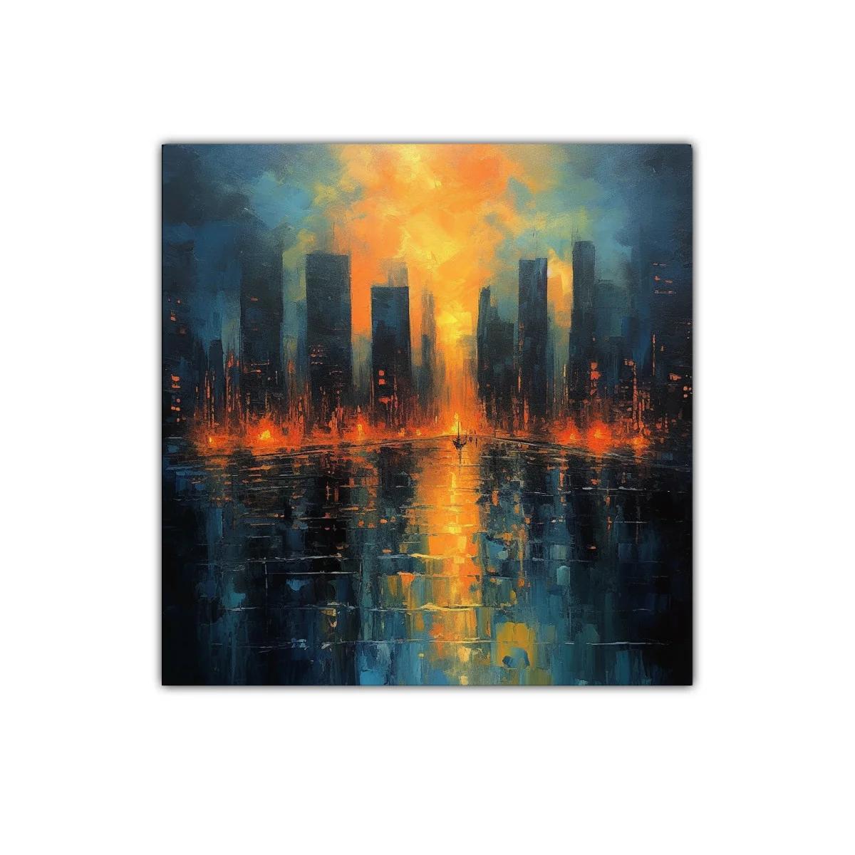 Atardecer vibrante sobre ciudad reflejada en agua — imagen principal