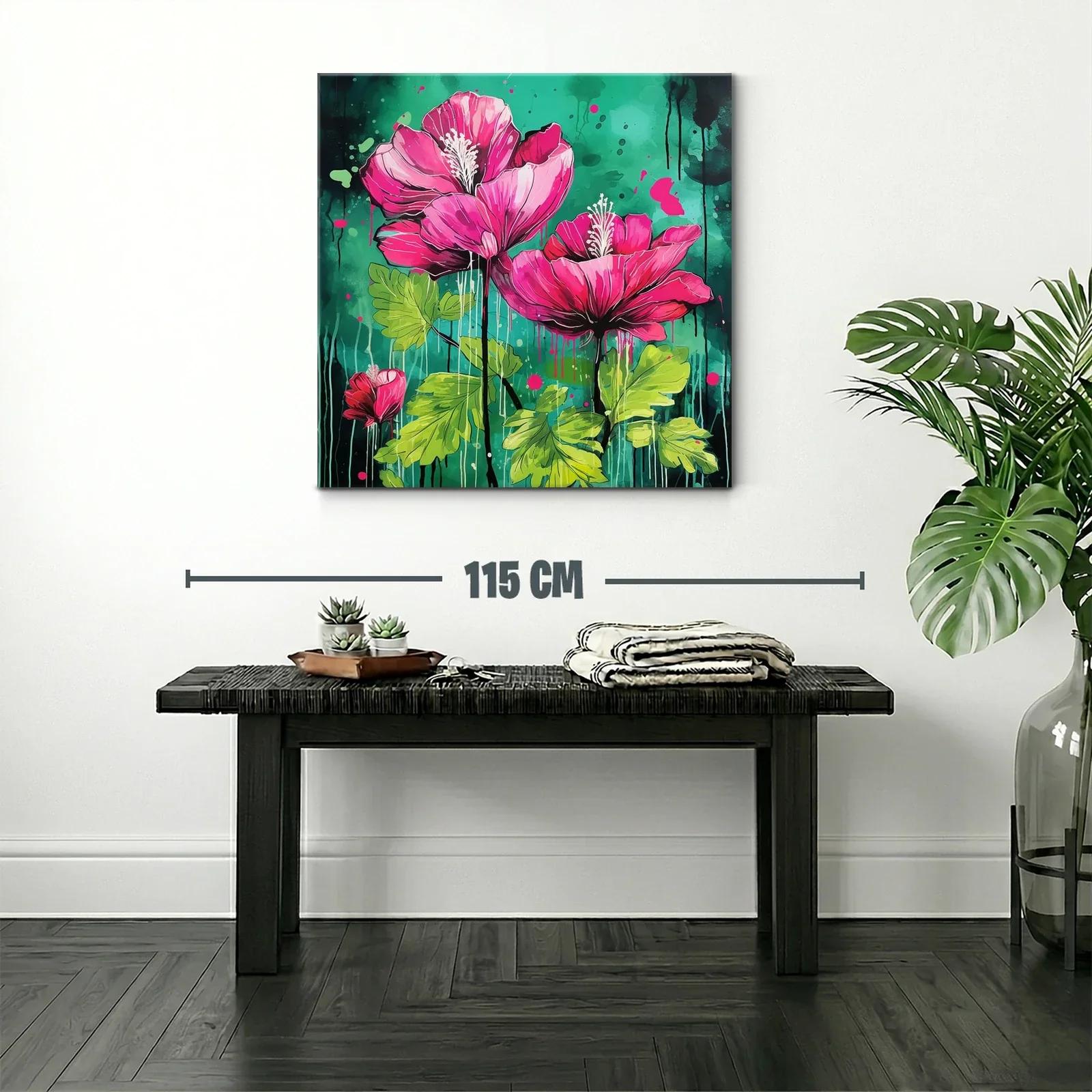 Cuadro vibrante con flores fucsias sobre fondo verde intenso — miniatura 2