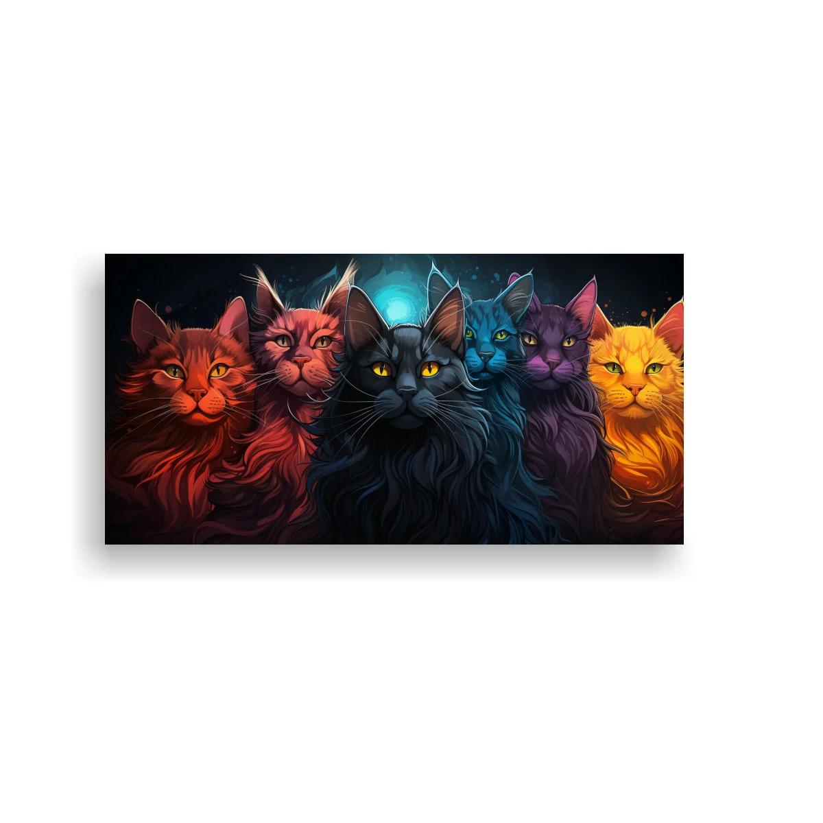 Cuadro grupo de gatos de colores con resplandor azul