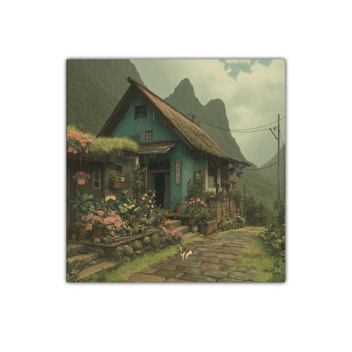 Paisaje rural con casa y jardín florido bajo lluvia suave — imagen principal
