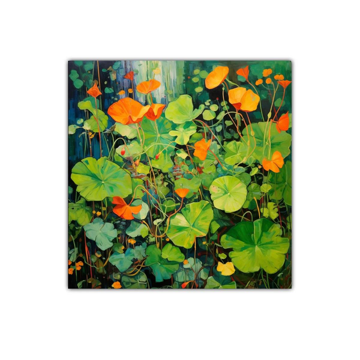 Cuadro decorativo con vibrantes flores naranjas y hojas verdes — imagen principal