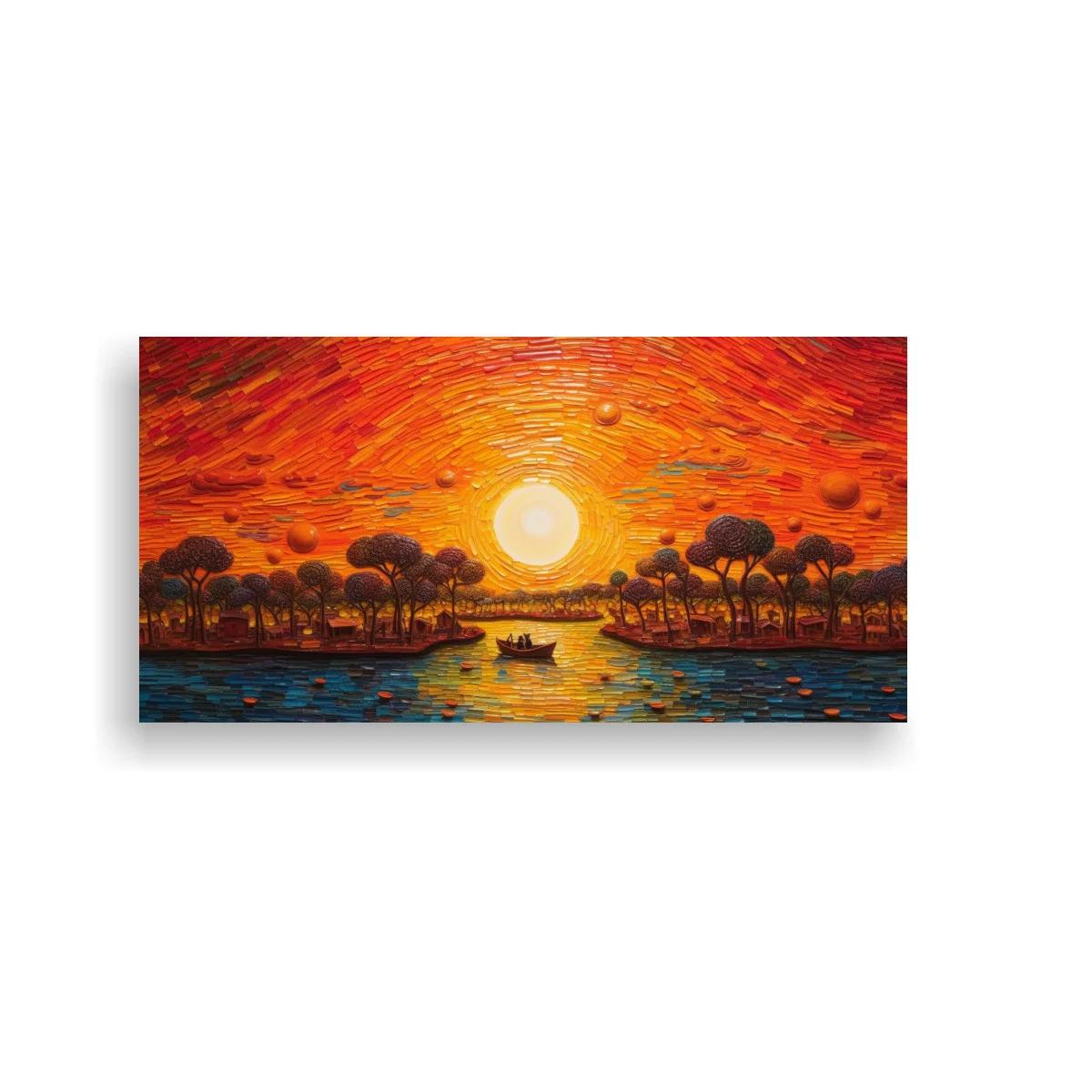 Cuadro atardecer sobre un lago con gran sol brillante