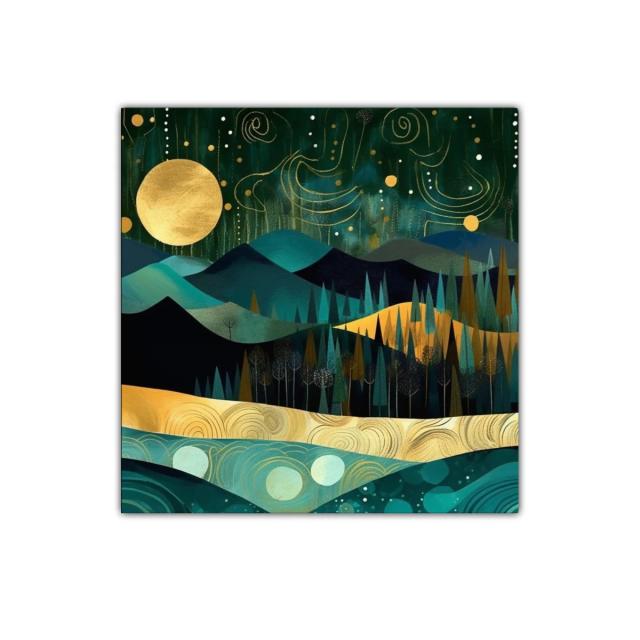 Paisaje nocturno con luna dorada y montañas estilizadas