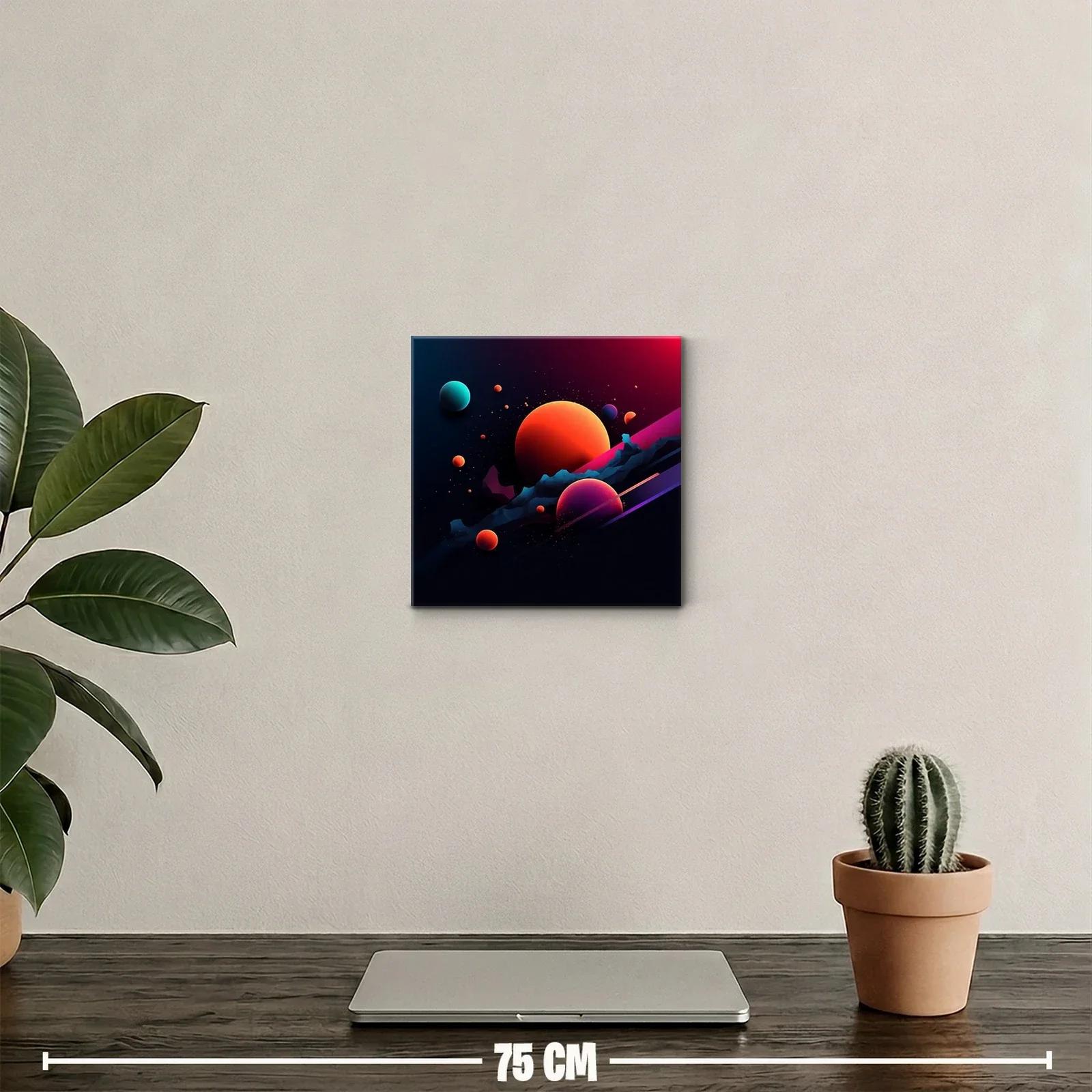 Cuadro abstracto con planetas vibrantes en espacio oscuro — miniatura 2