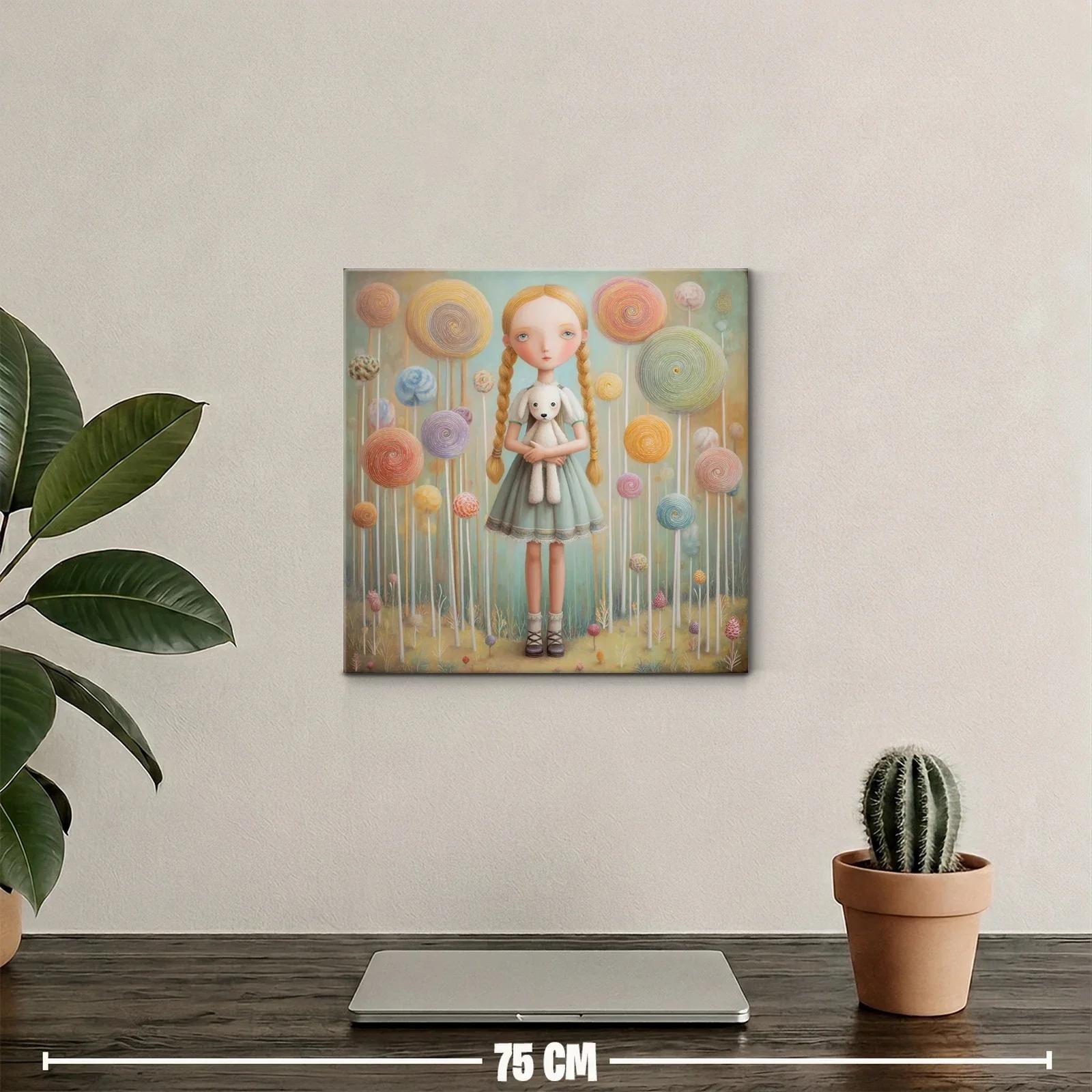 Niña de trenzas entre dulces gigantes y suaves tonos pastel — miniatura 2