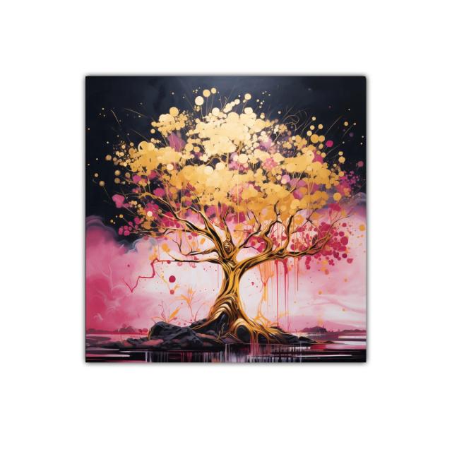 Árbol dorado con vibrantes tonos rosas sobre fondo oscuro