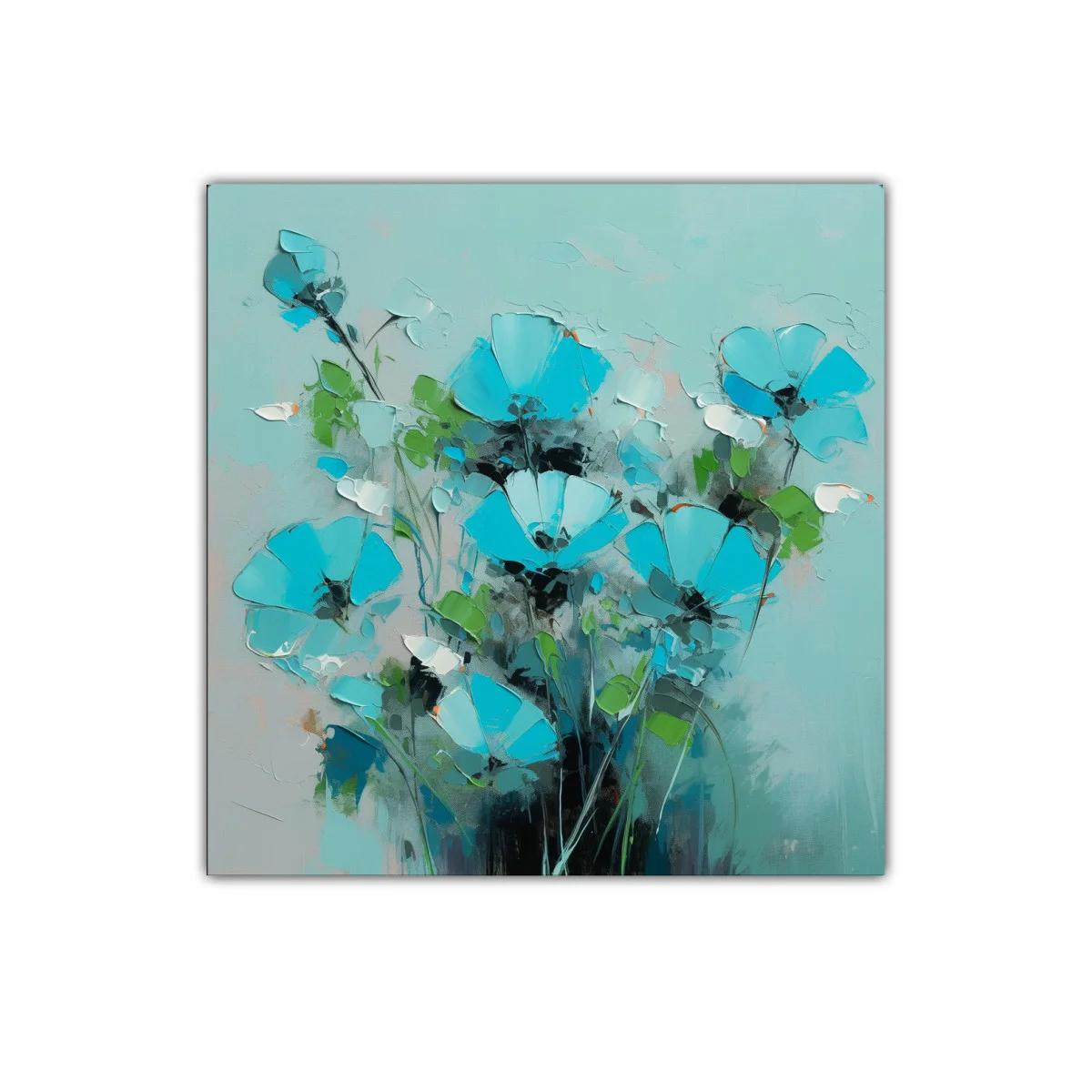 Cuadro decorativo con flores azules vibrantes y hojas verdes — imagen principal