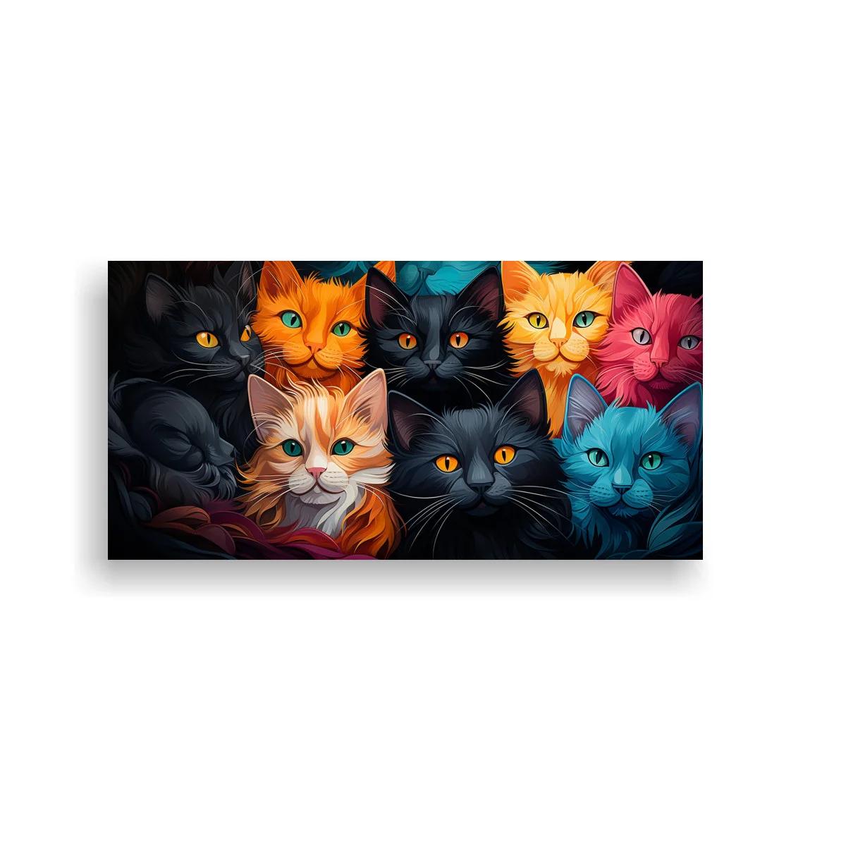 Cuadro grupo de gatos de colores con miradas intensas — imagen principal