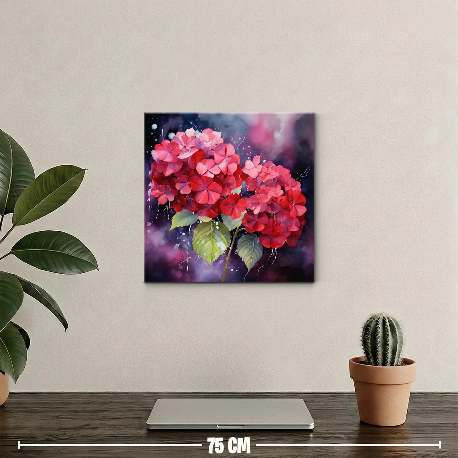 Vibrante cuadro con hortensias en tonos rojos y rosas — miniatura 2