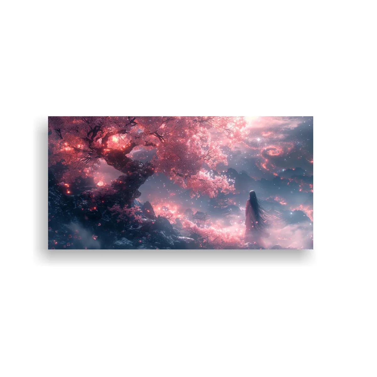 Cuadro árbol en flor rosa con figura contemplativa