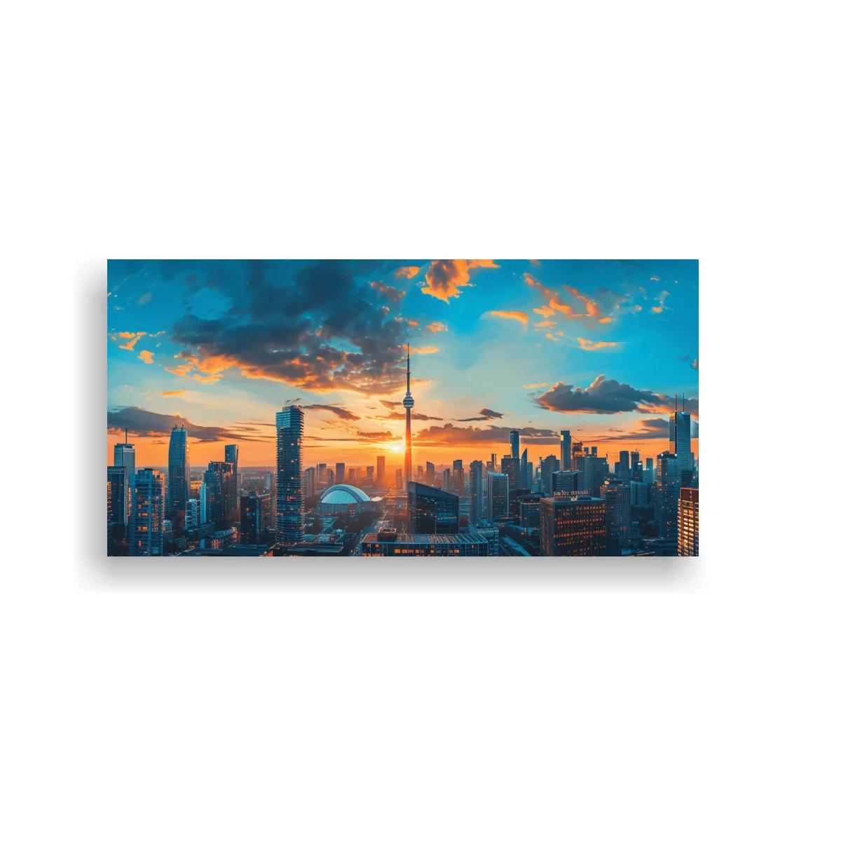 Cuadro skyline urbano al atardecer con cielo dramático — imagen principal