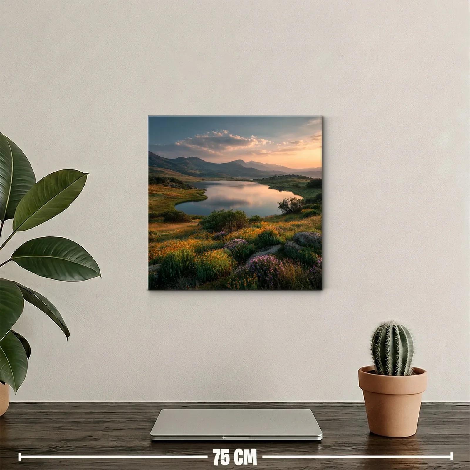 Paisaje sereno con lago y pradera en tonos cálidos — miniatura 2