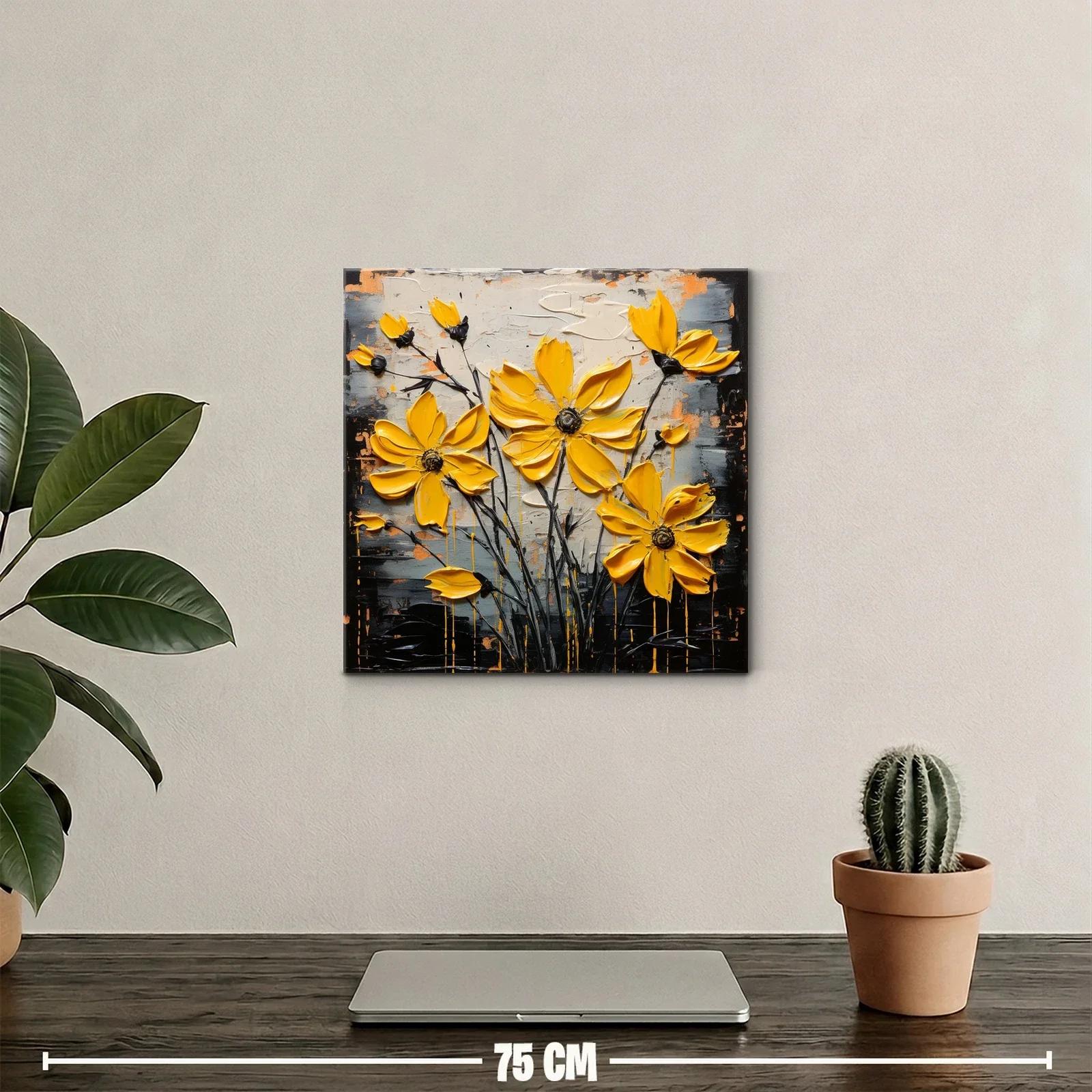 Cuadro moderno con flores amarillas vibrantes y fondo abstracto — miniatura 2