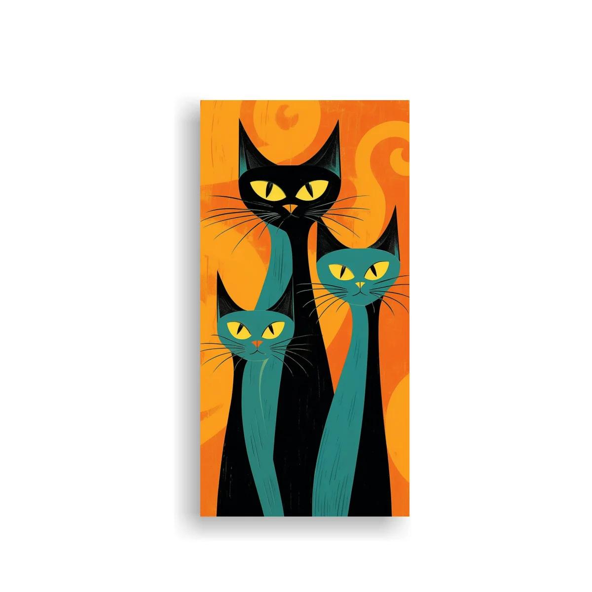 Cuadro tres gatos negros y turquesa sobre fondo naranja con espirales