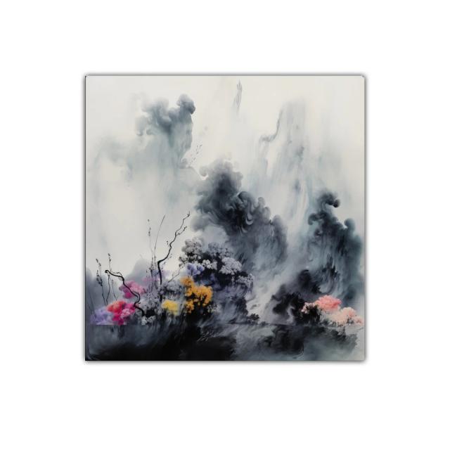 Paisaje Abstracto con Flores y Nubes en Tonos Suaves