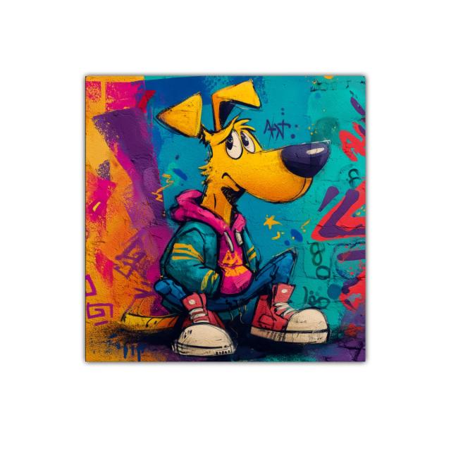 Cuadro urbano con perro colorido y estilo callejero vibrante