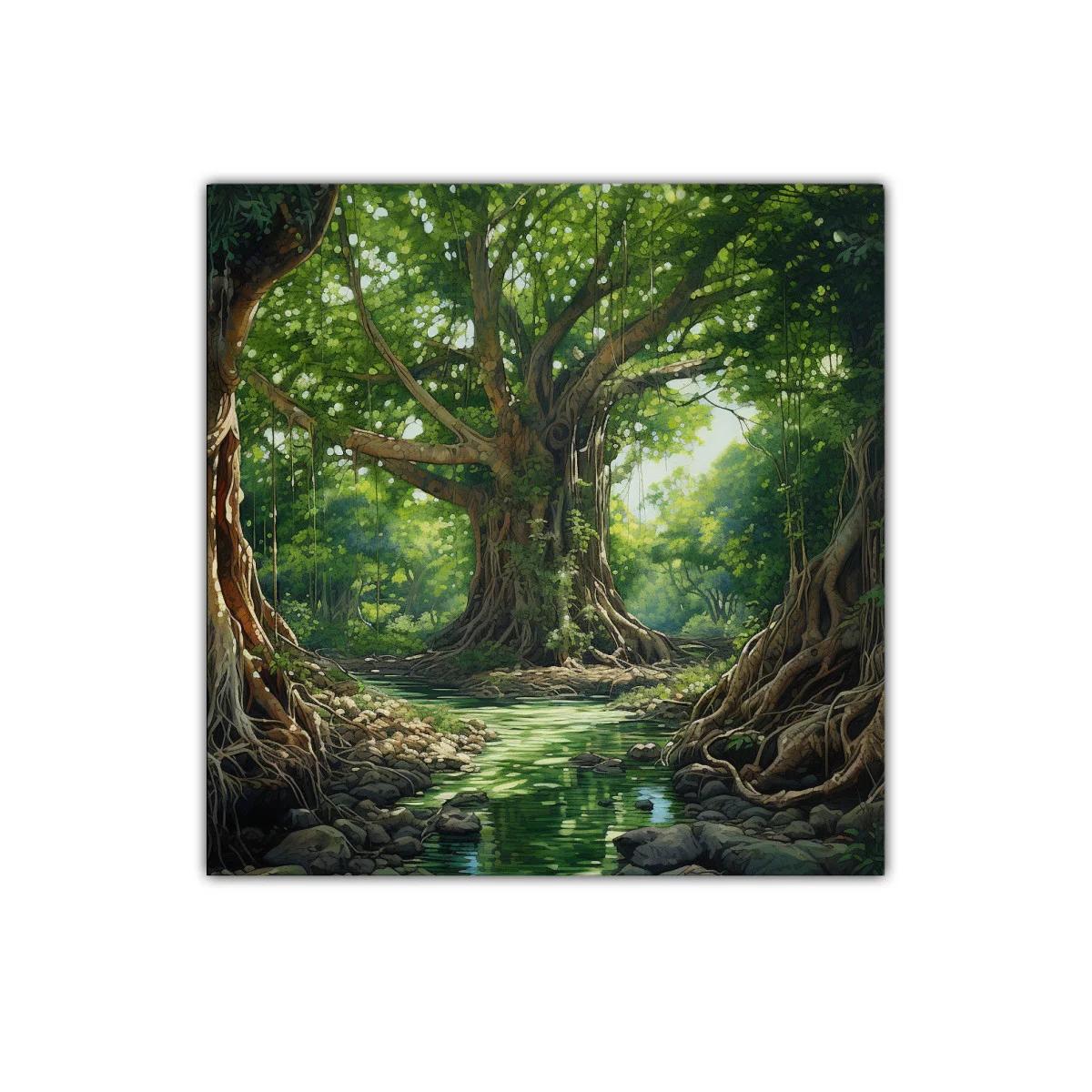 Bosque místico de árboles milenarios y río sereno