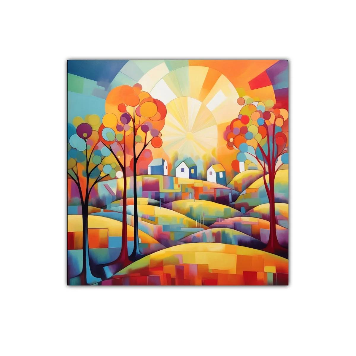 Paisaje colorido con árboles y casas bajo un sol radiante — imagen principal