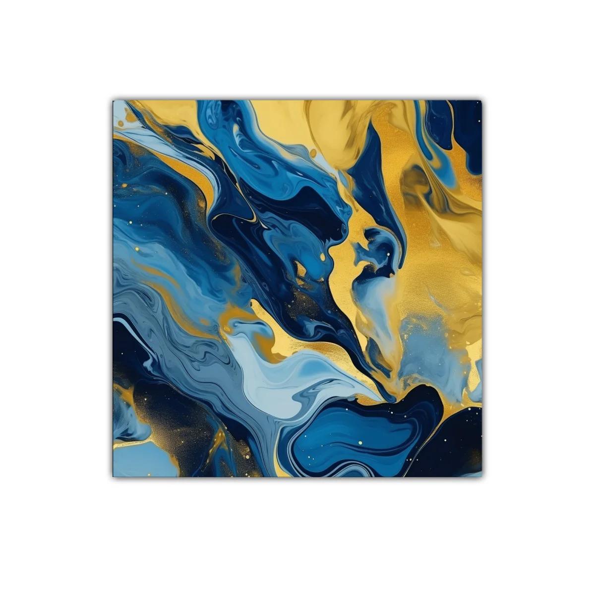 Cuadro abstracto con vibrantes tonos azules y dorados