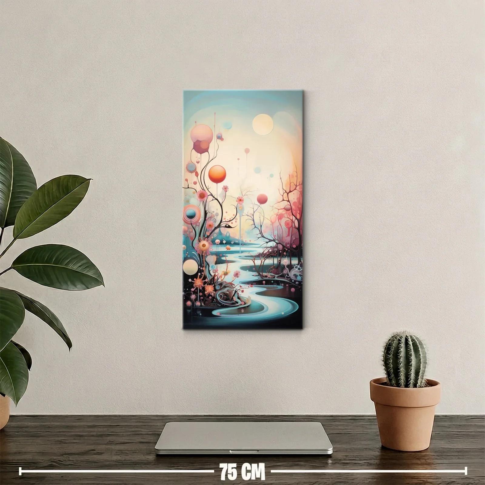 Cuadro paisaje onírico con esferas flotantes y flores — miniatura 2