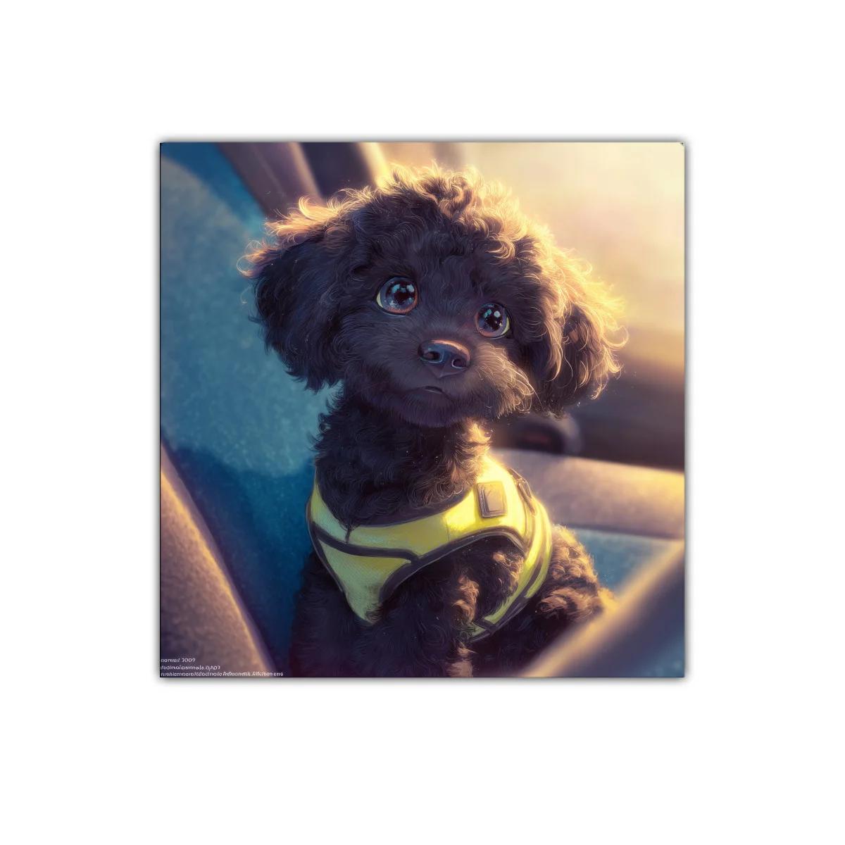 Tierno perro negro con arnés amarillo al atardecer