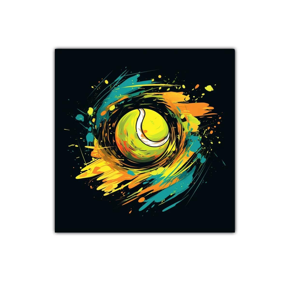 Cuadro vibrante con pelota de tenis en movimiento explosivo — imagen principal