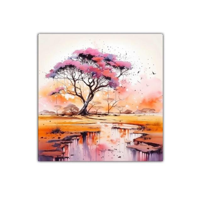 Árbol rosa sobre paisaje reflejado en agua