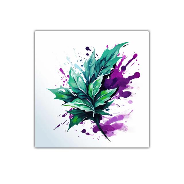 Hoja verde vibrante con salpicaduras moradas abstractas