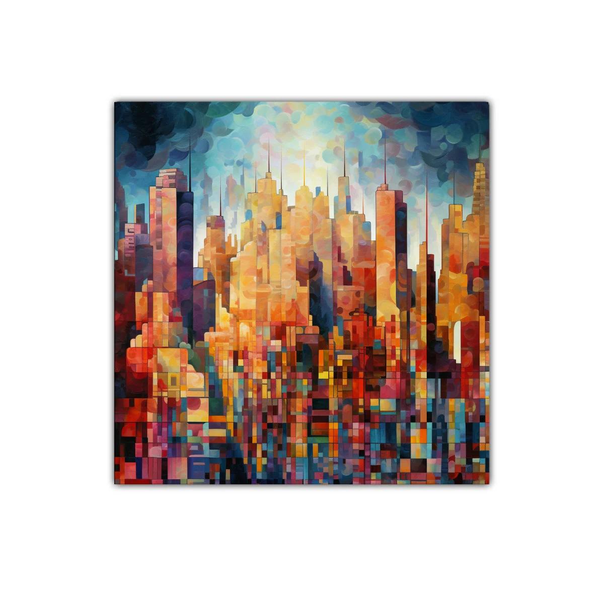 Ciudad vibrante llena de colores cálidos y contrastes intensos