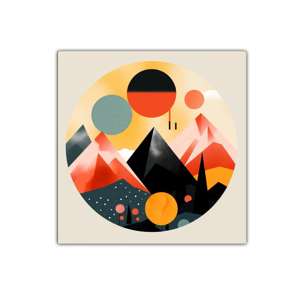 Paisaje geométrico vibrante con montañas y esferas coloridas
