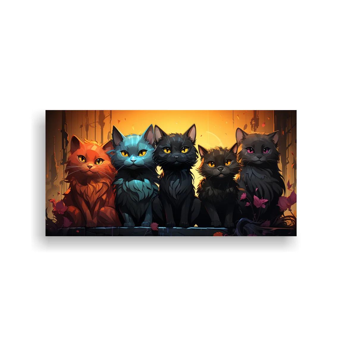 Cuadro cinco gatos con ramas secas y fondo dorado