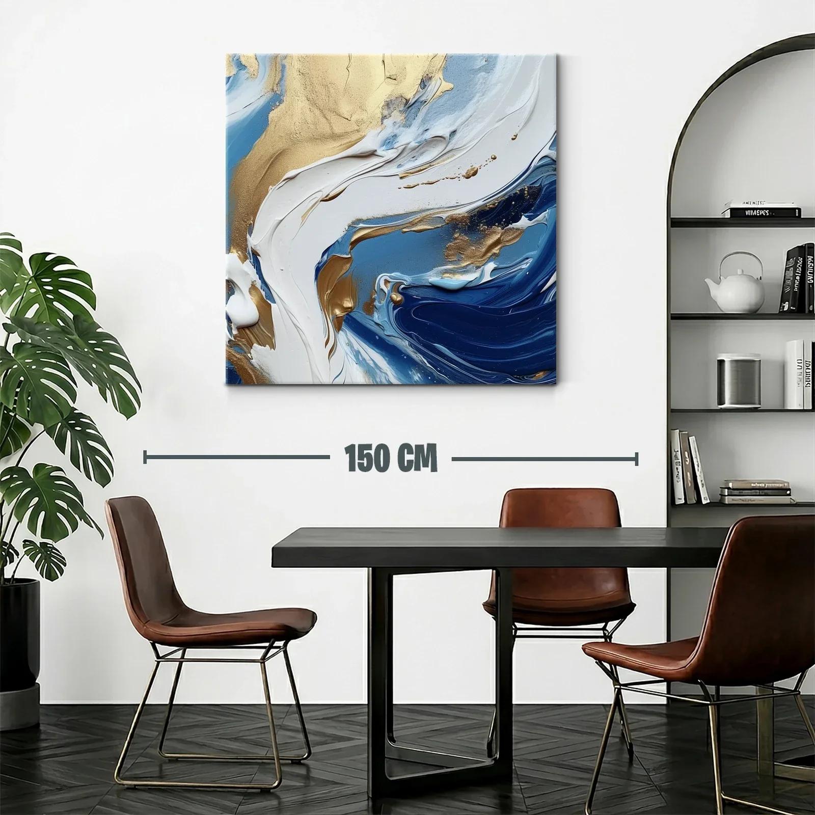 Cuadro abstracto con tonos dorados y azules en movimiento — miniatura 2
