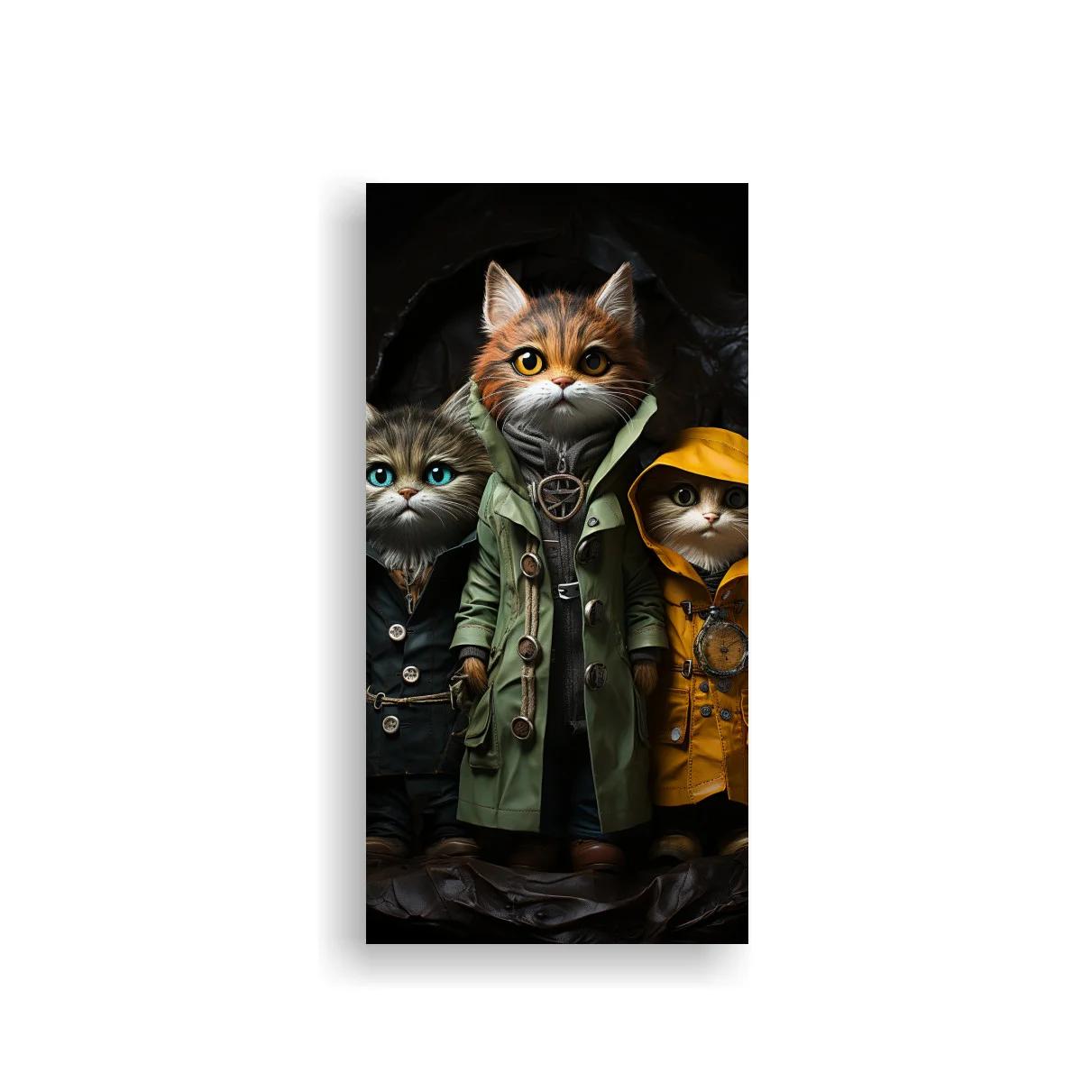Cuadro tres gatos con gabardinas y botones