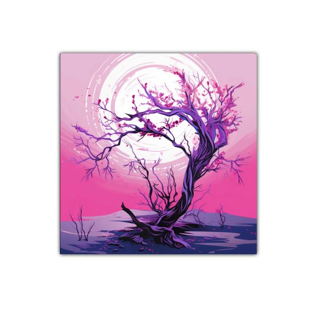 Árbol en flor con luna llena en tonos fucsia y violeta